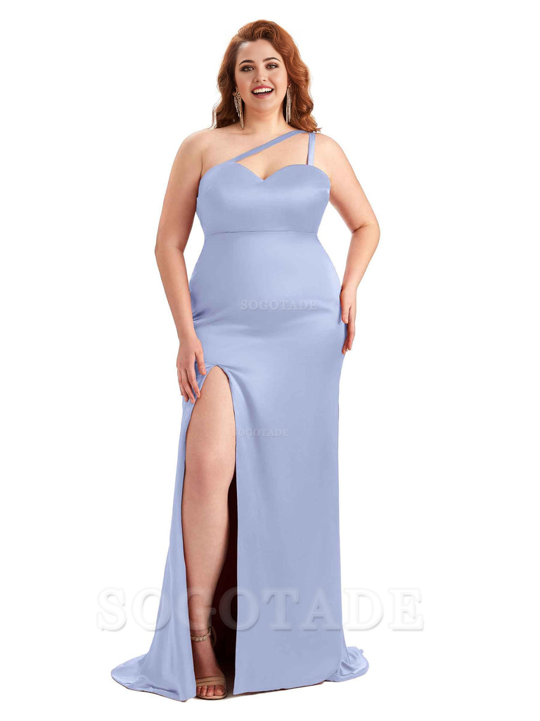Sexy Side Slit Sleeveless Mermaid One Shoulder Soft Satin Long Plus Size Bridesmaid Dress For Wedding