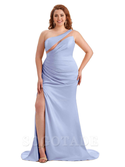 Sexy Unique Sleeveless One Shoulder Side Hight Slit Mermaid Soft Satin Long Plus Size Maid of Honour Dresses