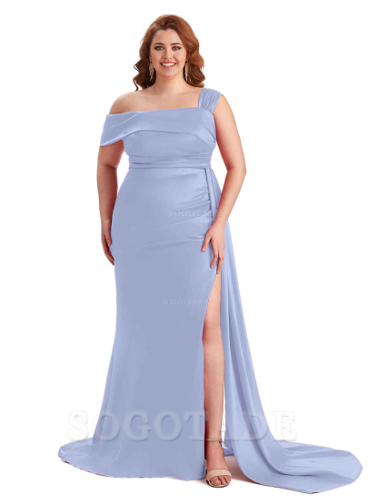 Sexy Side Hight Slit One Shoulder Mermaid Soft Satin Long Plus Size With Train Matron of Honor Dresses
