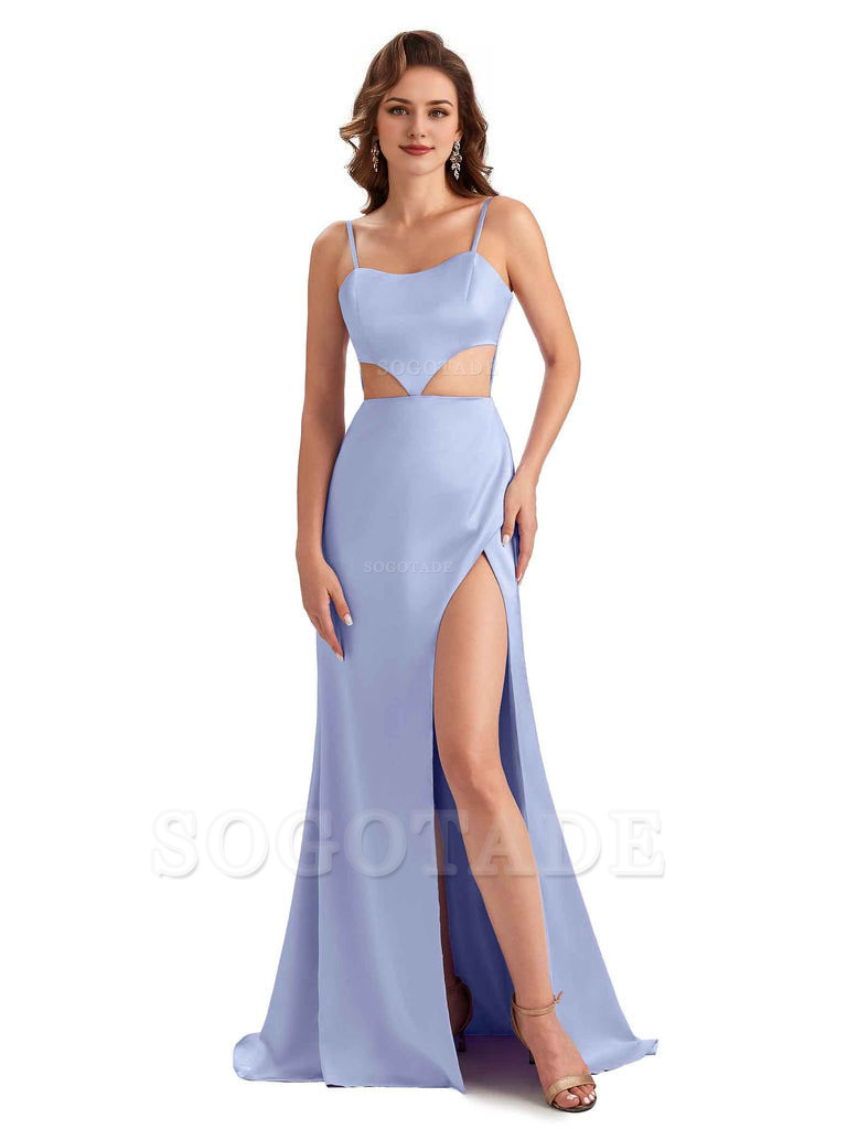 Sexy Satin Side Slit Spaghetti Straps Mermaid Long Unique Curve Wedding Guest Dresses