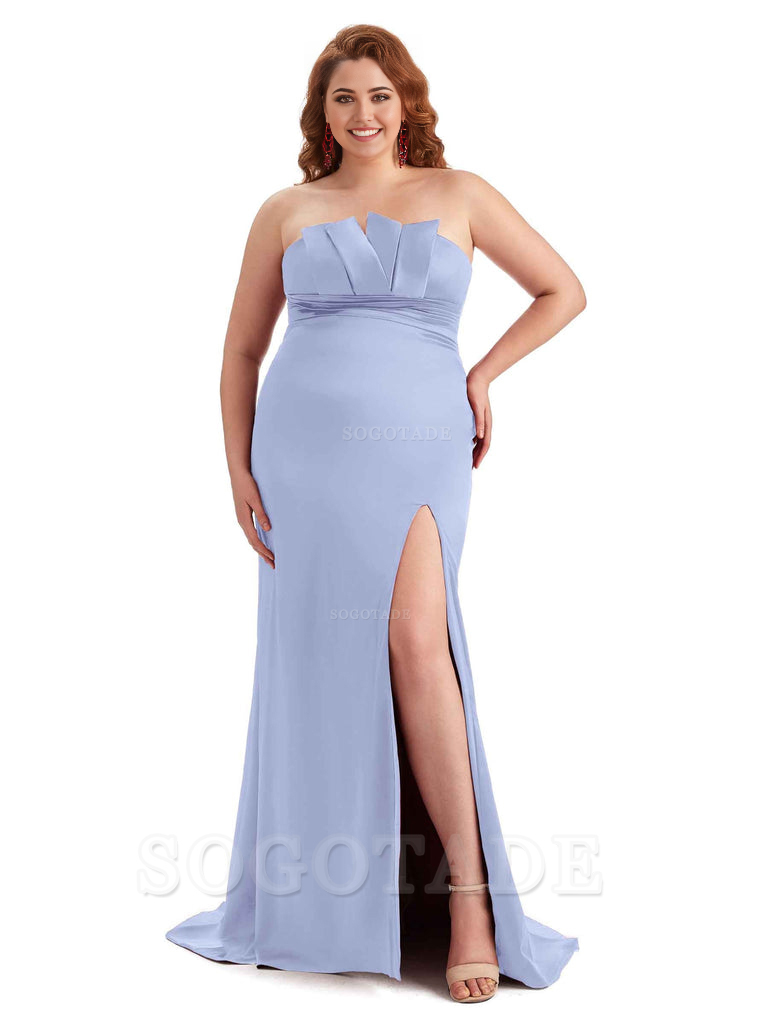 Sexy Side Slit Sleeveless Mermaid Soft Satin Long Plus Size Wedding Party Dresses For Wedding
