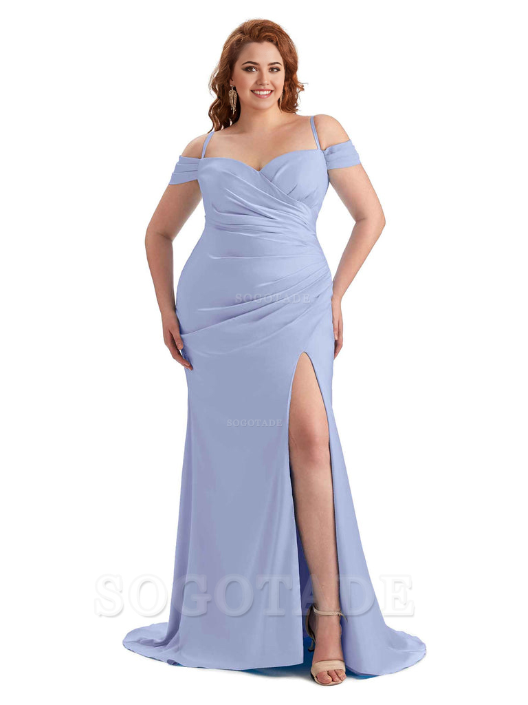 Sexy Side Slit Sleeveless Cold Shoulder Mermaid Soft Satin Long Plus Size Maid of Honor Dresses