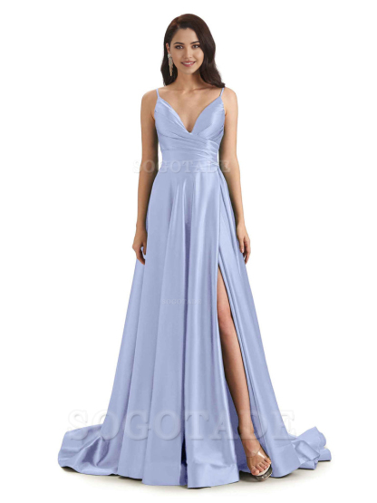 Spaghetti Straps Satin formal dresses evening gown Bridesmaid Dresses With Side Slit 