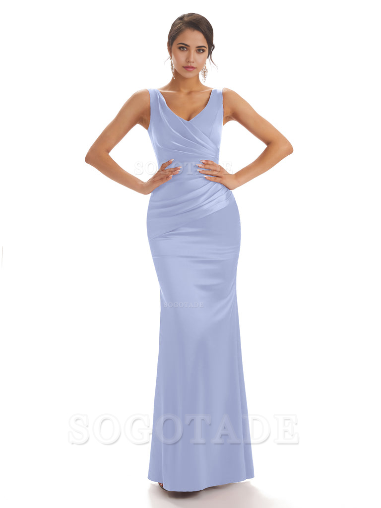 Sheath Sleeveless V-neck Floor-Length Satin formal dresses evening gown Bridesmaid Dresses With Pleats 