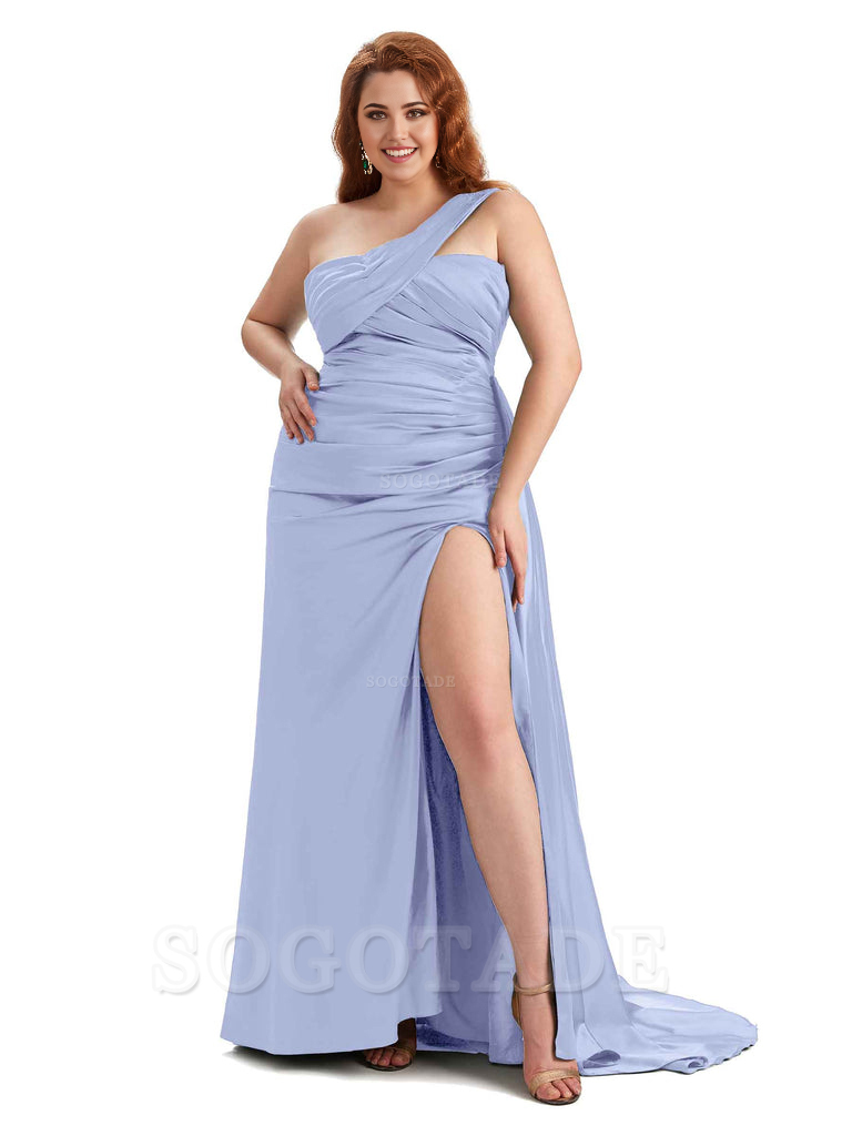  One Shoulder Sleeveless Sexy Side Hight Slit Mermaid Soft Satin Long Plus Size Bridesmaid Gowns