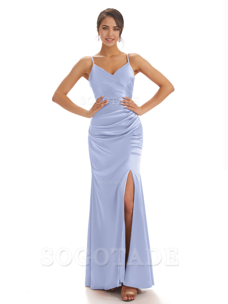 Spaghetti Straps Pleats Satin formal dresses evening gown Bridesmaid Dresses With Side Slit 