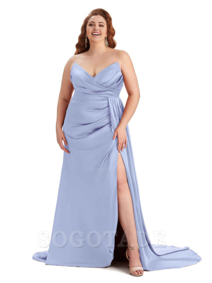 Sexy V-neck Side Slit Sleeveless Mermaid Soft Satin Long Plus Size Bridesmaid Gowns