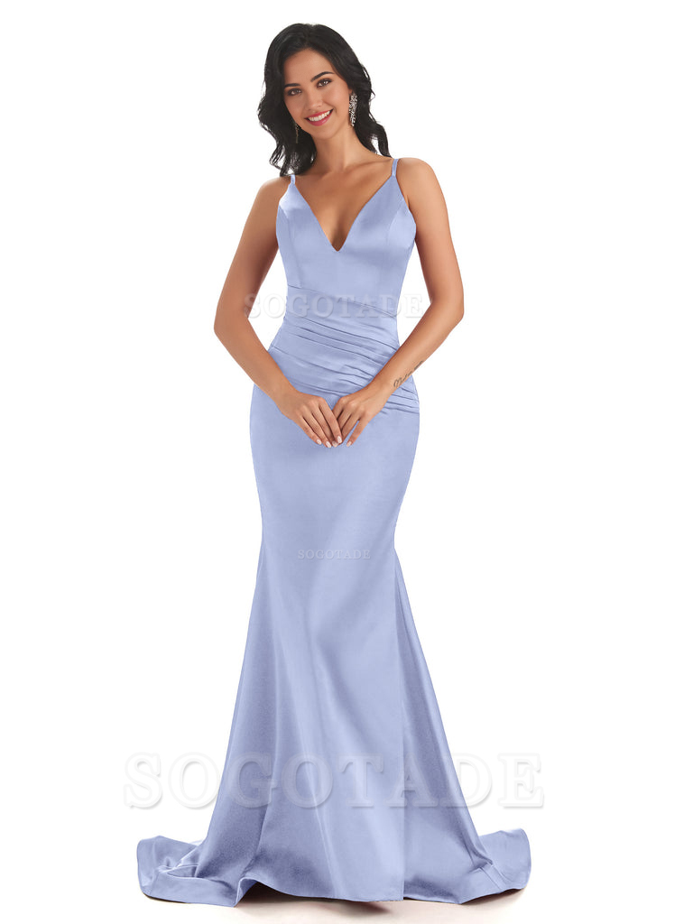 Mermaid Spaghetti V-Neck Straps Satin Long formal dresses evening gown Bridesmaid Dresses With Side Slit 