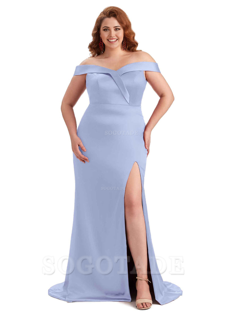 Elegant Off The Shoulder Sleeveless Side Slit Mermaid Soft Satin Long Plus Size Bridesmaid Gowns
