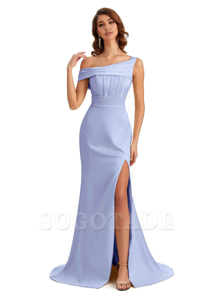 Elegant Asymmetrical Neck Soft Satin Side Slit Long Mermaid Bridesmaid Dresses