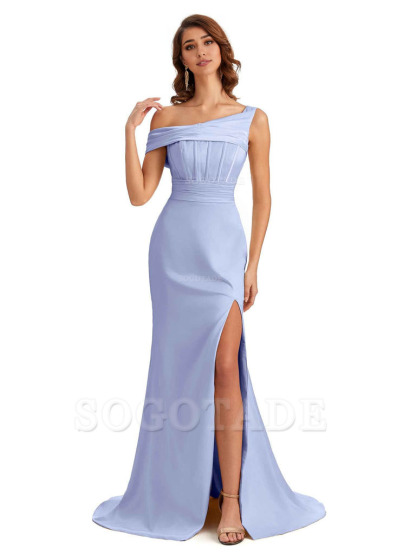 Elegant Asymmetrical Neck Soft Satin Side Slit Long Mermaid Bridesmaid Dresses