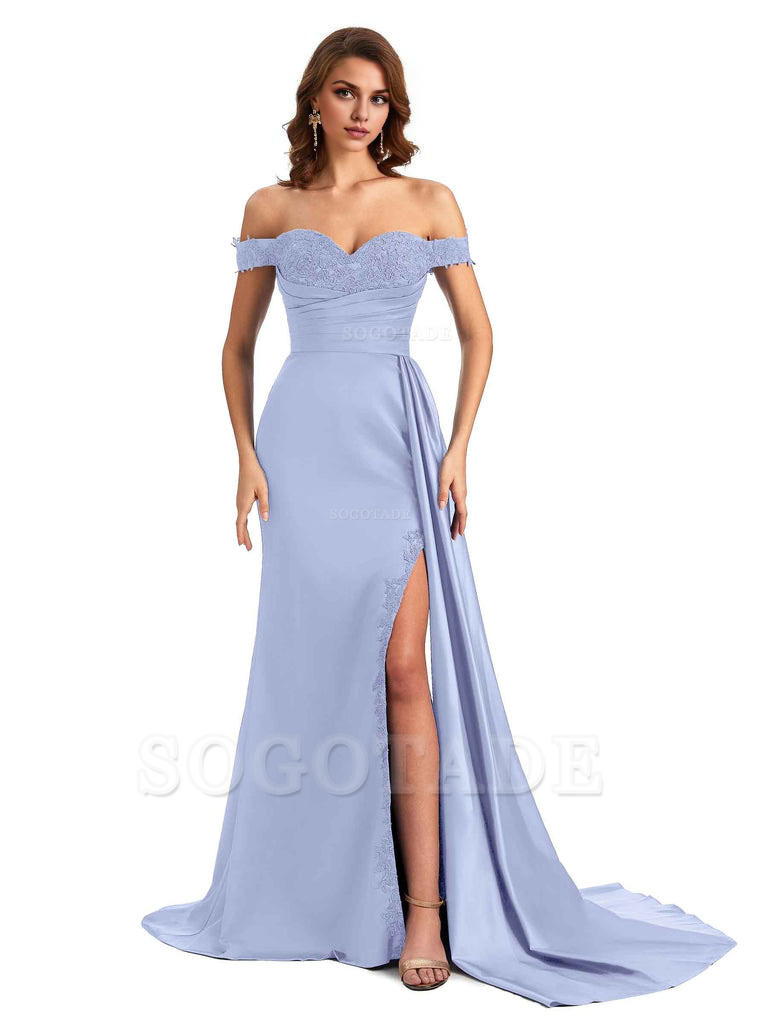 Sexy Off The Shoulder Mermaid Side Slit Silky Satin Long Bridesmaid Dress For Wedding