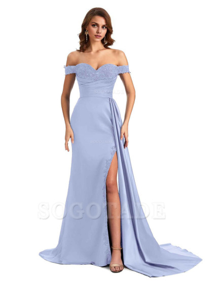 Sexy Off The Shoulder Mermaid Side Slit Silky Satin Long Bridesmaid Dress For Wedding