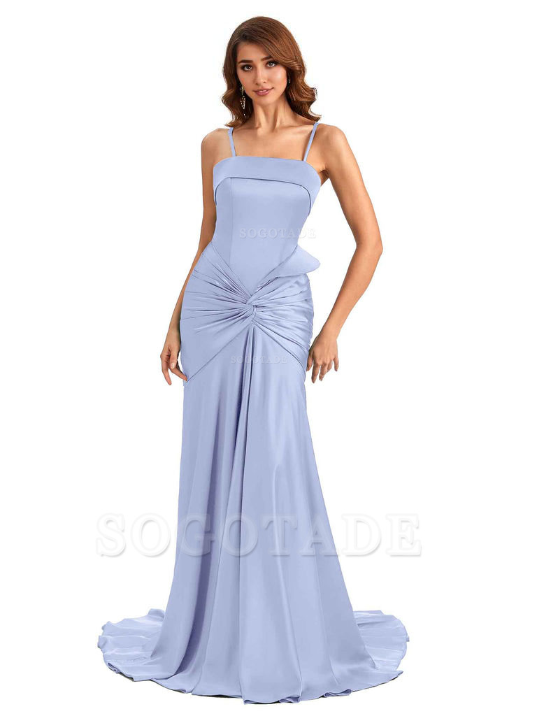 Sexy Mermaid Spaghetti Straps Silky Satin Unique Long Bridesmaid Dress For Wedding