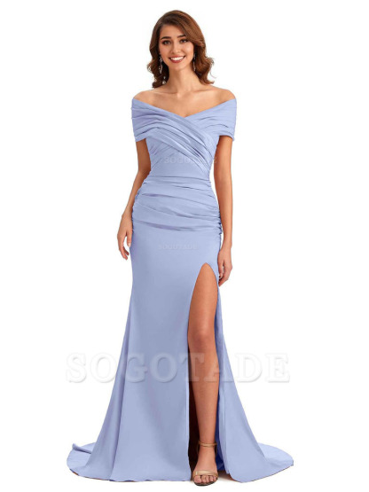 Sexy Off The Shoulder Side Slit Mermaid Satin Unique Long Formal Wedding Guest Dresses
