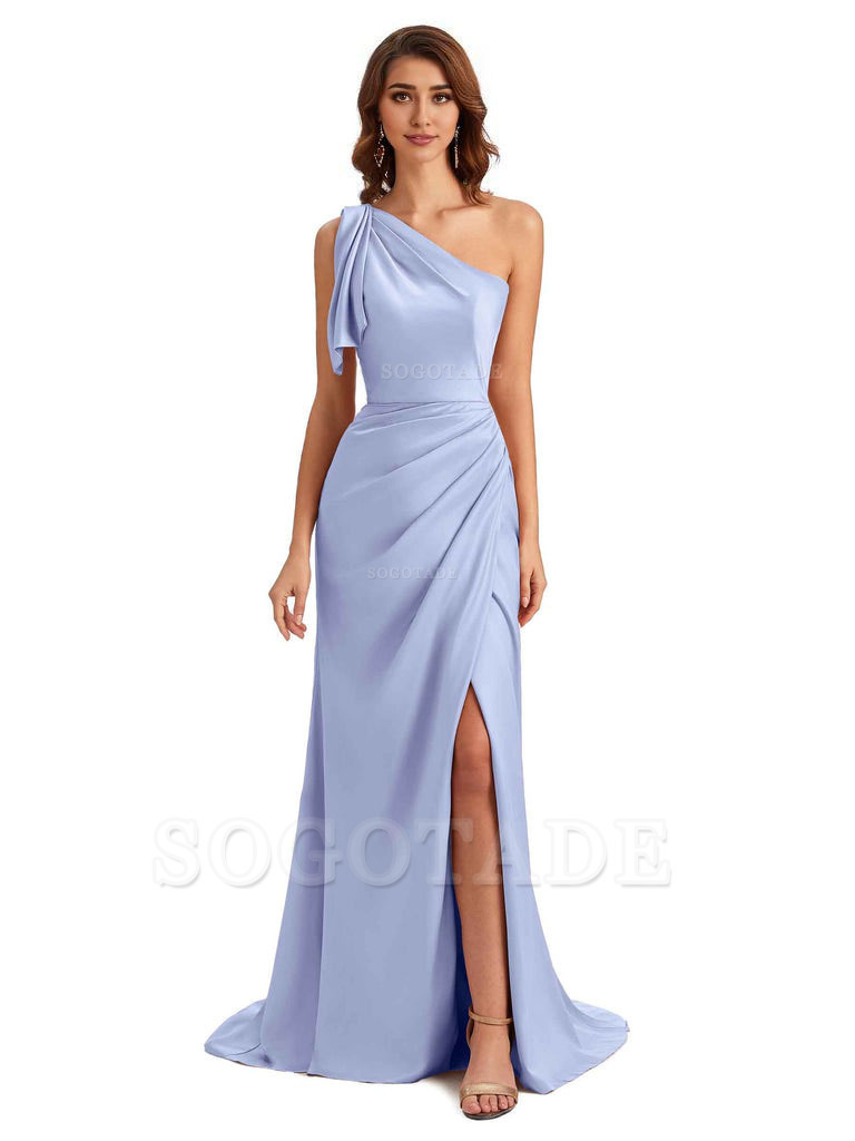 Sexy One Shoulder Mermaid Side Slit Unique Silky Satin Bridesmaid Dresses 