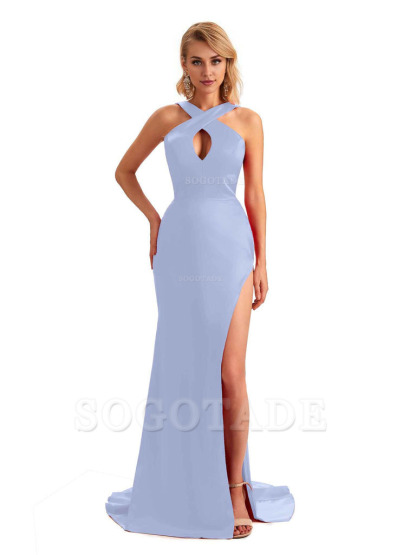 Sexy Side Slit Halter Mermaid Silky Satin Unique Long Formal Wedding Bridesmaid Dresses