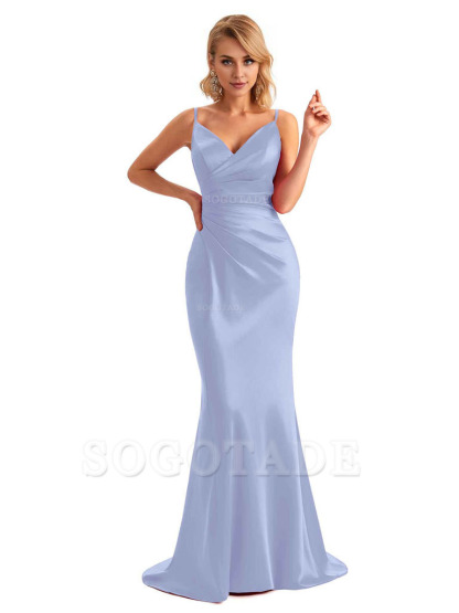  Sexy Backless Mermaid Spaghetti Straps Unique Long Formal Satin Dress For Women