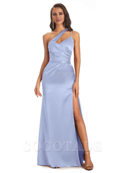 Elegant Soft Satin Side Slit One Shoulder Floor-Length Maxi Bridesmaid Dresses Evening Party Dress