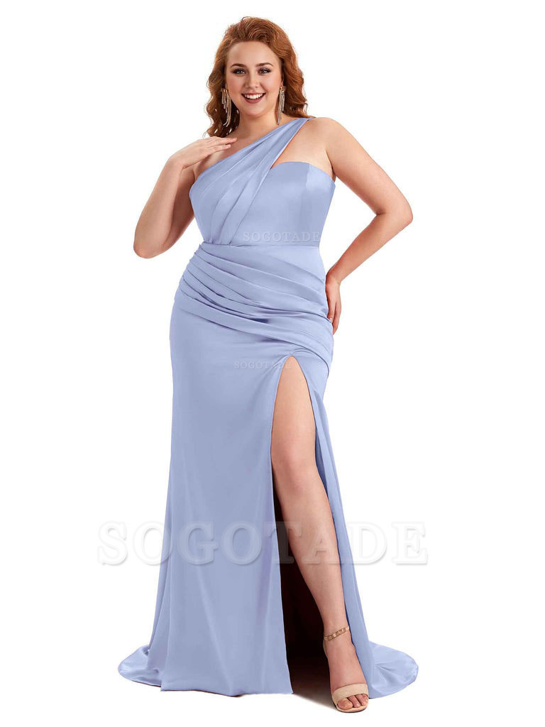 Sexy Side Slit One Shoulder Mermaid Soft Satin Long Plus Size Matron of Honor Dress For Wedding