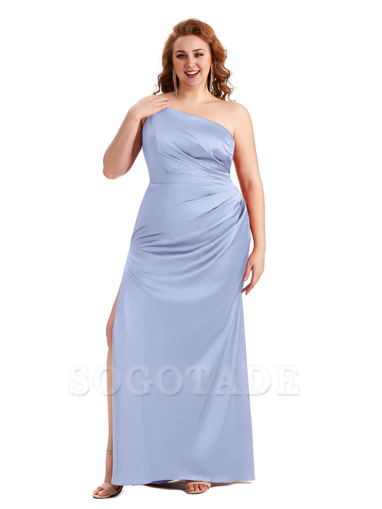 Sexy Side Slit One Shoulder Mermaid Soft Satin Long Plus Size Maid of Honour Dresses