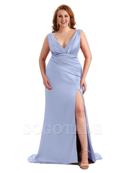 Elegant V-neck Side Slit Mermaid Soft Satin Long Plus Size Bridesmaid Dress For Wedding