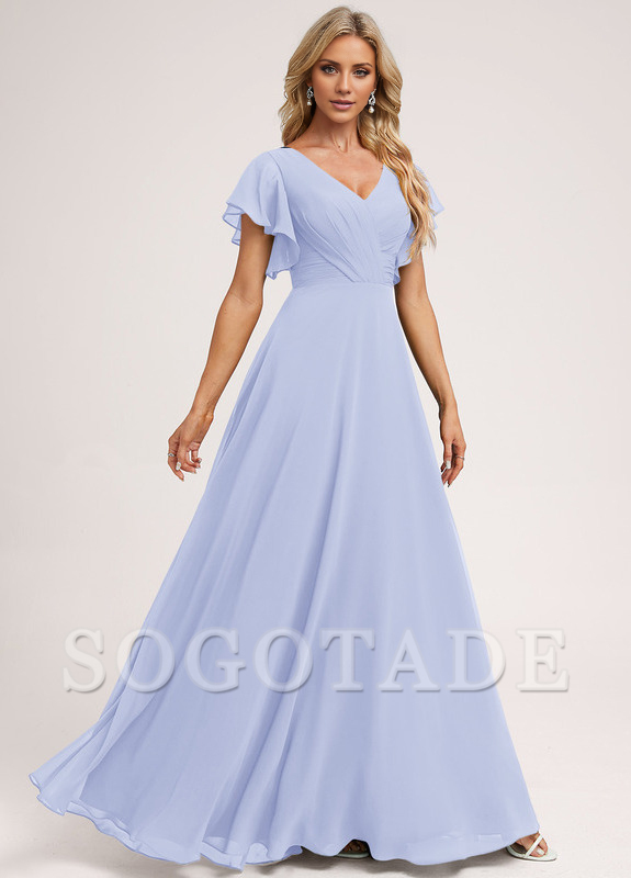 Ruffle A-line V-neck and floor chiffon bridesmaid dress