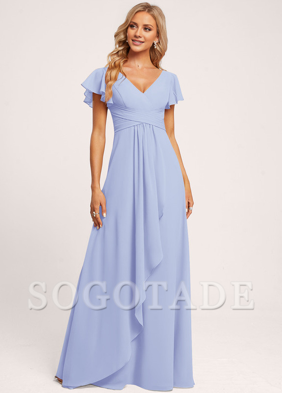 Ruffle A-line V-neck and floor chiffon bridesmaid dress