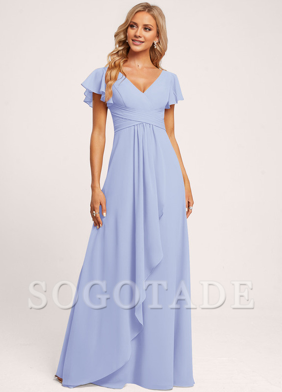 Ruffle A-line V-neck and floor chiffon bridesmaid dress