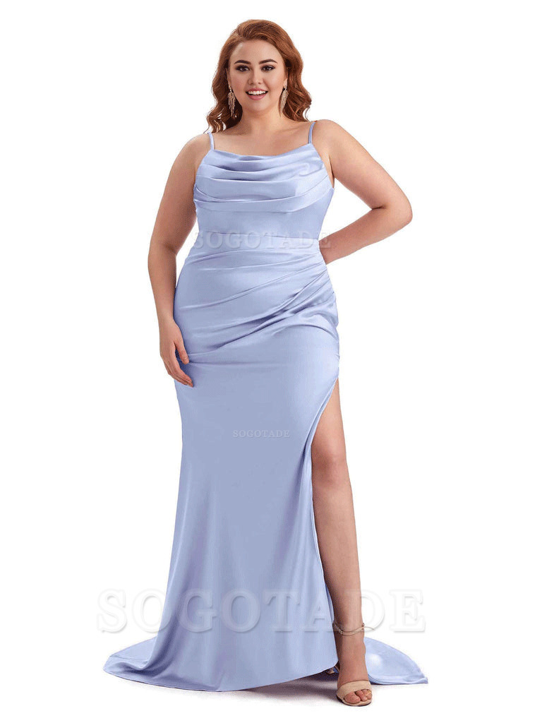 Sexy Jewel Side Slit Mermaid Soft Satin Long Plus Size Bridesmaid Dress For Wedding