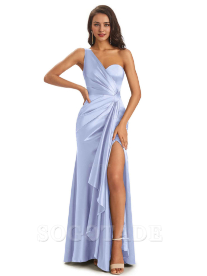 Elegant Soft Satin Side Slit One Shoulder Unique Mermaid Bridesmaid Dresses Online prom dresses shops
