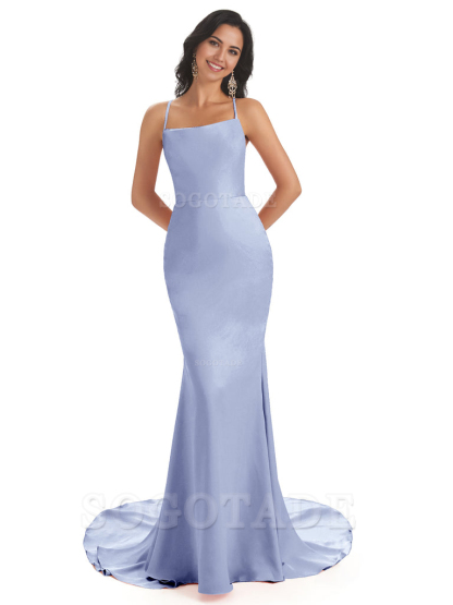 Mermaid Spaghetti Backless Straps Satin Long formal dresses evening gown Bridesmaid Dresses