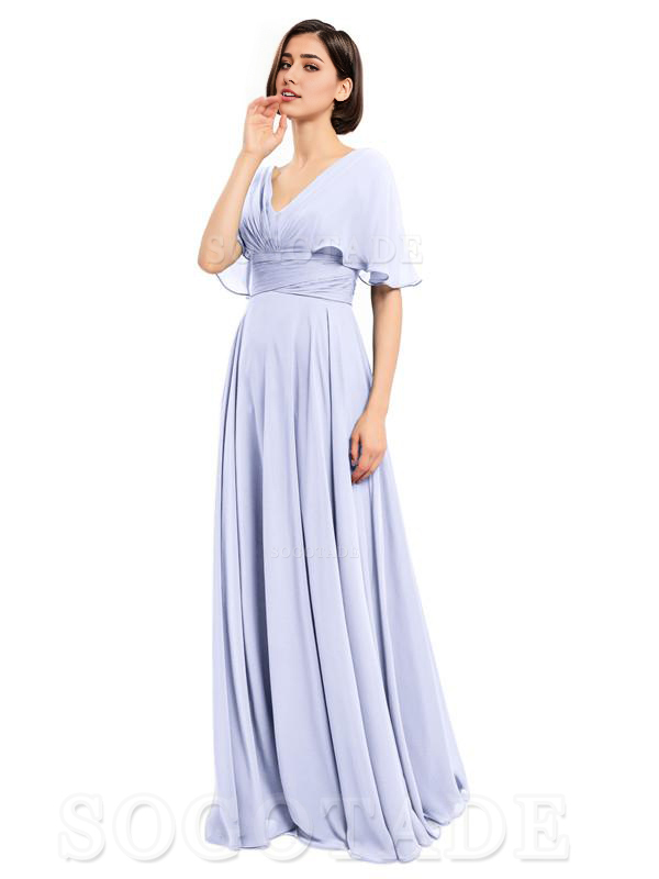  V-Neck Cap Sleeves Sleeves Chiffon Long Elegant Bridesmaid Dresses Formal Wear Dresses