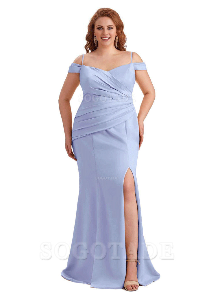 Elegant Cold Shoulder Side Slit Mermaid Soft Satin Long Plus Size Bridesmaid Gowns