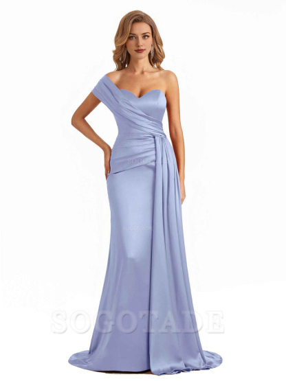 Elegant One Shoulder Soft Satin Long Mermaid Bridesmaid Dresses Online prom shop dresses ﻿