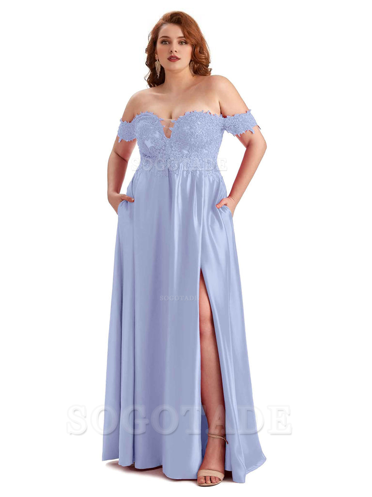 Off Shoulder Side Slit Lace Soft Satin Long Plus Size Bridesmaid Dresses For Wedding
