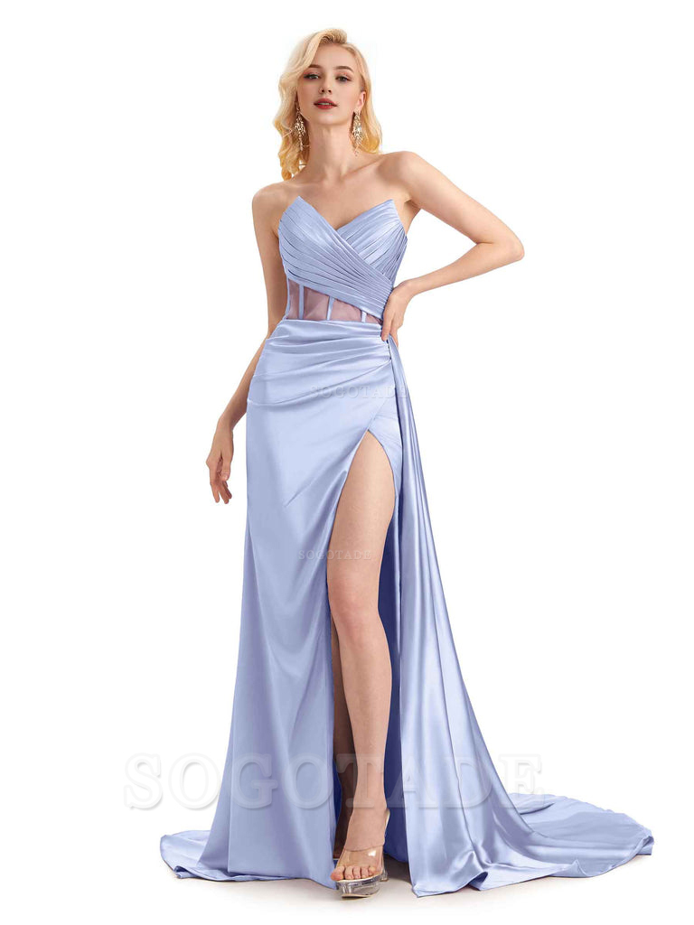 Sexy Soft Satin Side Slit See Through Floor-Length Long Mermaid Bridesmaid Dresses prom shop dresses