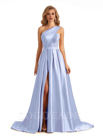 Sexy Side Slit One Shoulder A-Line Soft Satin Long Bridesmaid Dresses Online prom dress in store