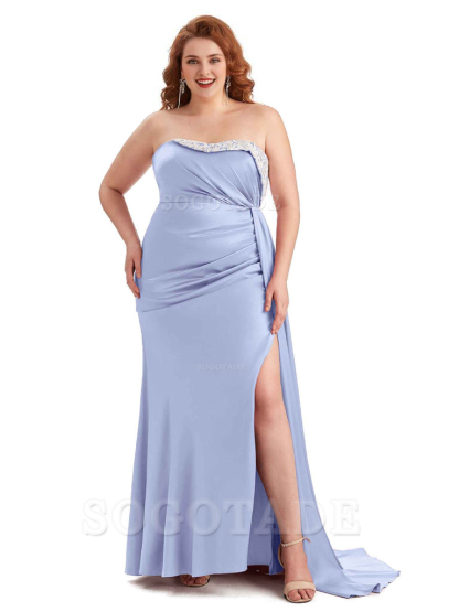 Sexy Side Slit Strapless Mermaid Lace Soft Satin Long Plus Size Maid of Honor Dresses