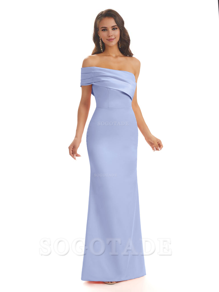 Soft Satin Sexy Side Slit One Shoulder Long Mermaid Bridesmaid Dresses Online prom dress in store
