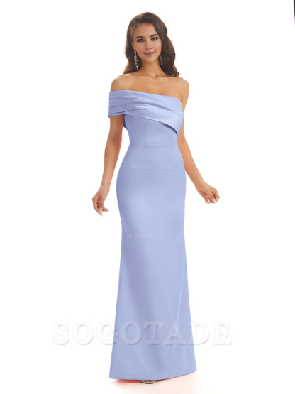 Soft Satin Sexy Side Slit One Shoulder Long Mermaid Bridesmaid Dresses Online prom dress in store