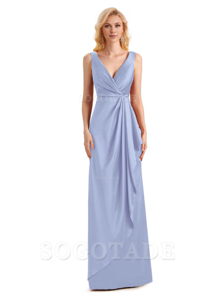 V Neck Elegant Soft Satin Formal Long Maid Bridesmaid Dresses Formal Wear Dresses