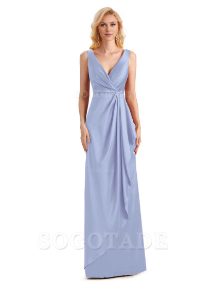 V Neck Elegant Soft Satin Formal Long Maid Bridesmaid Dresses Formal Wear Dresses