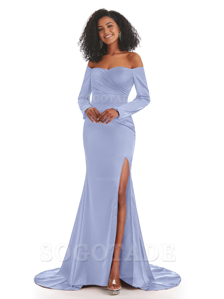 Mermaid Long Sleeve Satin formal dresses evening gown Bridesmaid Dresses With Side Slit 