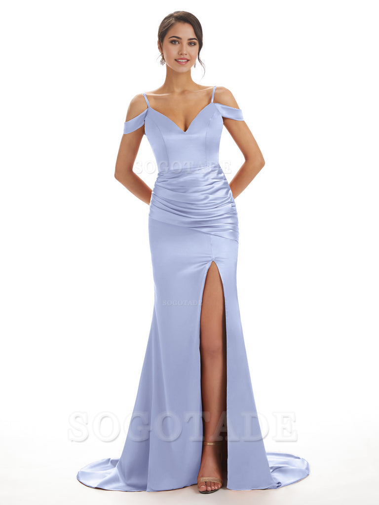 Mermaid Off The Shoulder Satin formal dresses evening gown Bridesmaid Dresses With Side Slit 