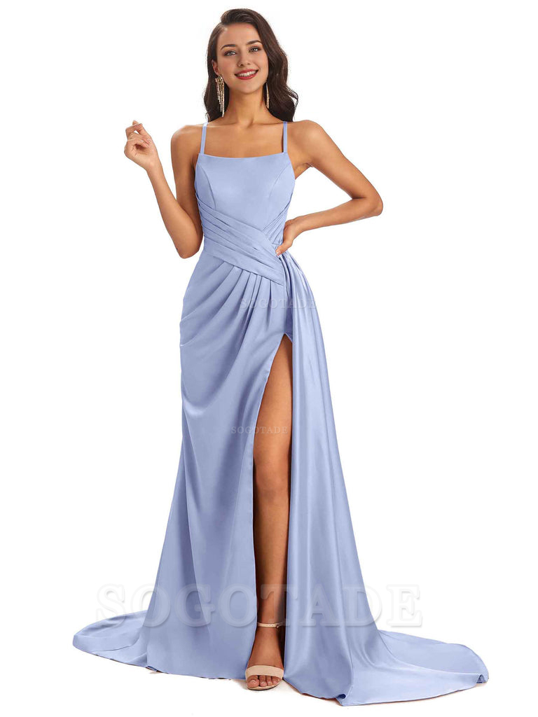 Sexy Soft Satin Side Slit Spaghetti Straps Long Maxi Bridesmaid Dresses prom shop dresses