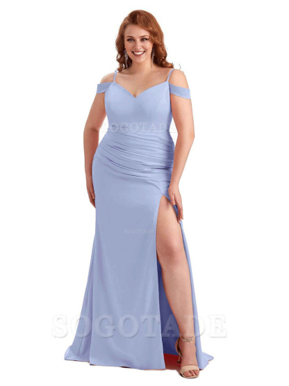Sexy Side Slit Mermaid Cold Shoulder Soft Satin Long Plus Size Bridesmaid Dresses Online