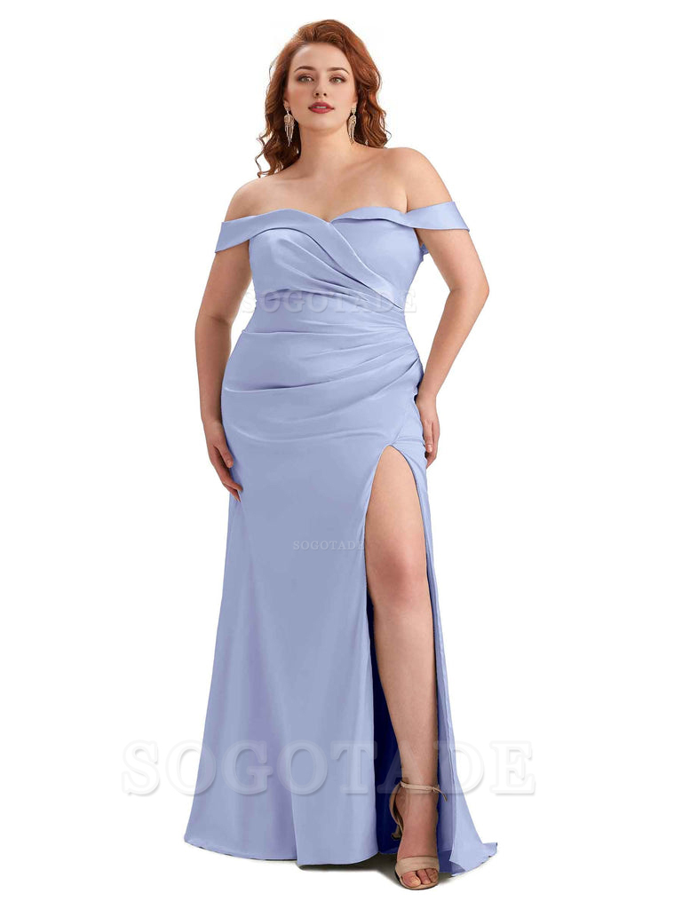 Sexy Side Slit Off Shoulder Mermaid Soft Satin Long Plus Size Bridesmaid Gowns For Wedding