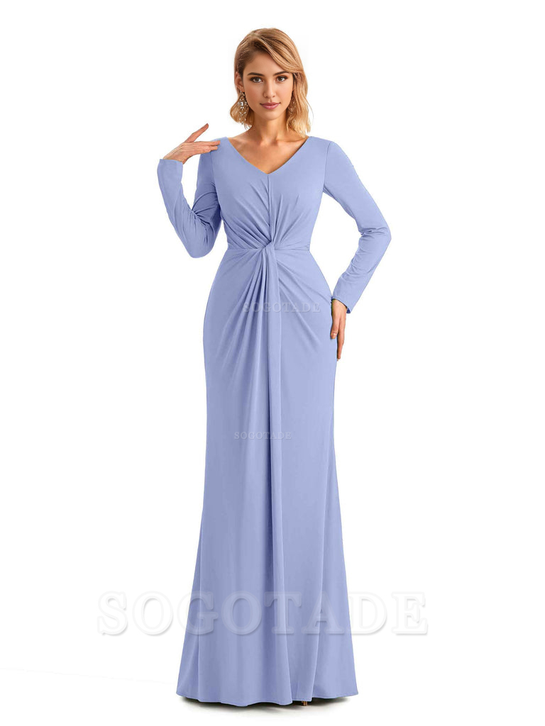 Elegant Simple Mermaid Pleats V-neck Long-Sleeves Floor Length Long Formal Bridesmaid Dresses