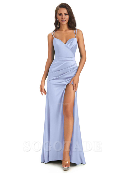 Sexy Soft Satin Side Slit Spaghetti Straps Long Maxi Mermaid Bridesmaid Dresses Elegant Evening Party Dress